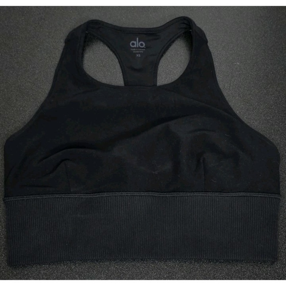 ALO Black Alosoft Serenity Sports Bra High Neck Ribbed Gym Yoga XS Woman EUC